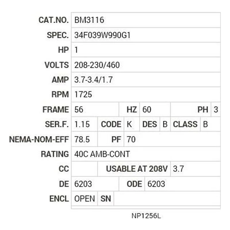 BM3116 Baldor 1 HP, 1725 RPM, 3 PH, 60 HZ, 56, BRAKE, 3424M, OPEN Motor Nameplate - view 2