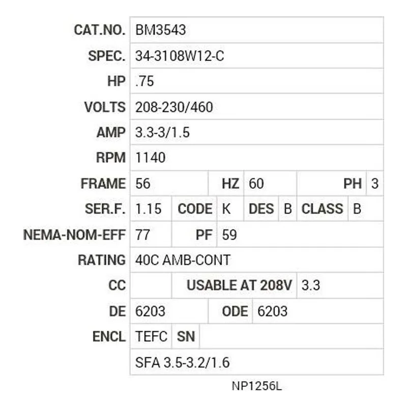 BM3543 Baldor .75 HP, 1140 RPM, 3 PH, 60 HZ, 56, BRAKE, 3428M Motor Nameplate - view 2