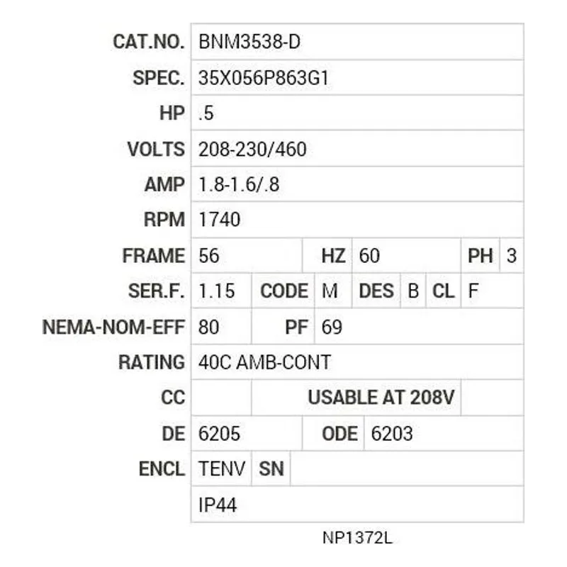 BNM3538-D Baldor .5 HP, 1740 RPM, 3 PH, 60 HZ, 56, 3512M, TENV, F3, B Motor Nameplate - view 2