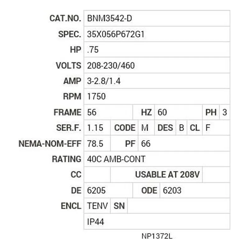 BNM3542-D Baldor .75 HP, 1750 RPM, 3 PH, 60 HZ, 56, 3514M, TENV, F3 Motor Nameplate - view 2