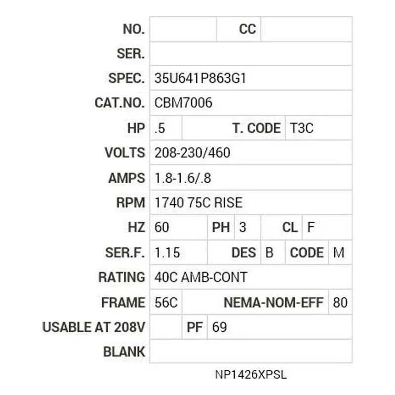 CBM7006 Baldor .5 HP, 1740 75C RISE RPM, 3 PH, 60 HZ, 56C, 3512M Motor Nameplate - view 2