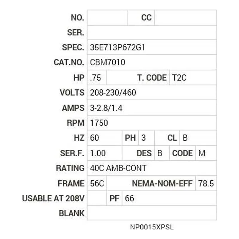 CBM7010 Baldor .75 HP, 1750 RPM, 3 PH, 60 HZ, 56C, 3514M, XPNV, F1 Motor Nameplate - view 2