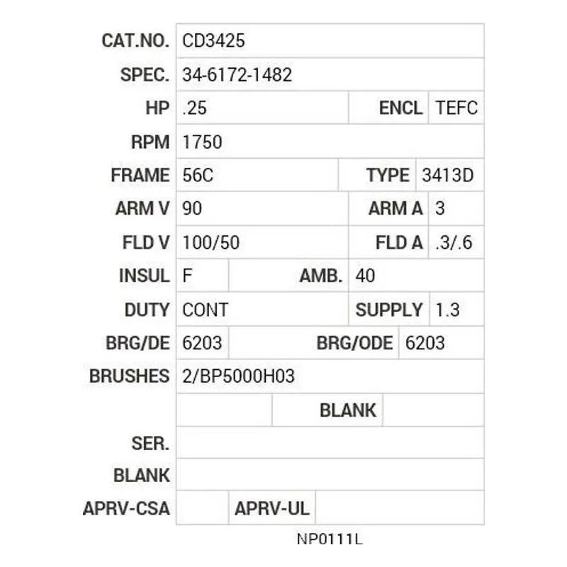 CD3425 Baldor .25 HP, 1750 RPM, DC, 56C, 3413D, TEFC, F1, N Motor Nameplate - view 2
