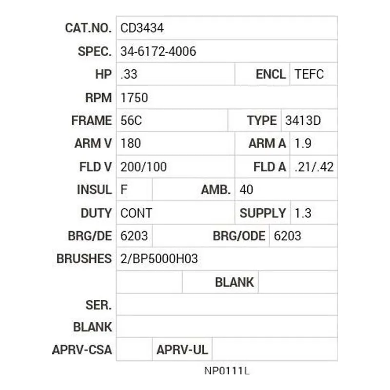 CD3434 Baldor .33 HP, 1750 RPM, DC, 56C, 3413D, TEFC, F1 Motor Nameplate - view 2