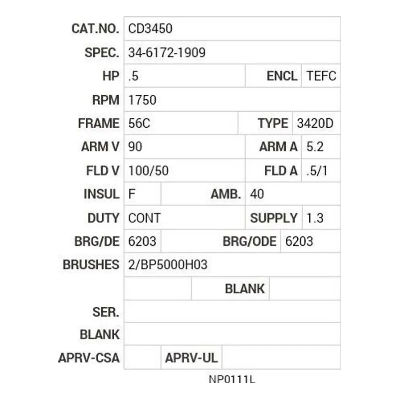 CD3450 Baldor .5 HP, 1750 RPM, DC, 56C, 3420D, TEFC, F1, N Motor Nameplate - view 2