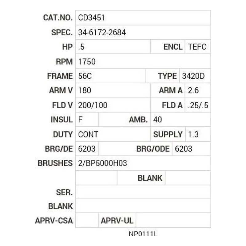 CD3451 Baldor .5 HP, 1750 RPM, DC, 56C, 3420D, TEFC, F1, N Motor Nameplate - view 2