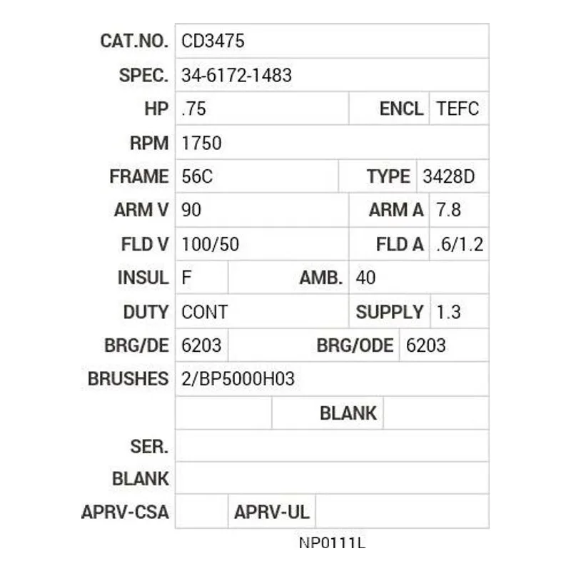 CD3475 Baldor .75 HP, 1750 RPM, DC, 56C, 3428D, TEFC, F1, N Motor Nameplate - view 2