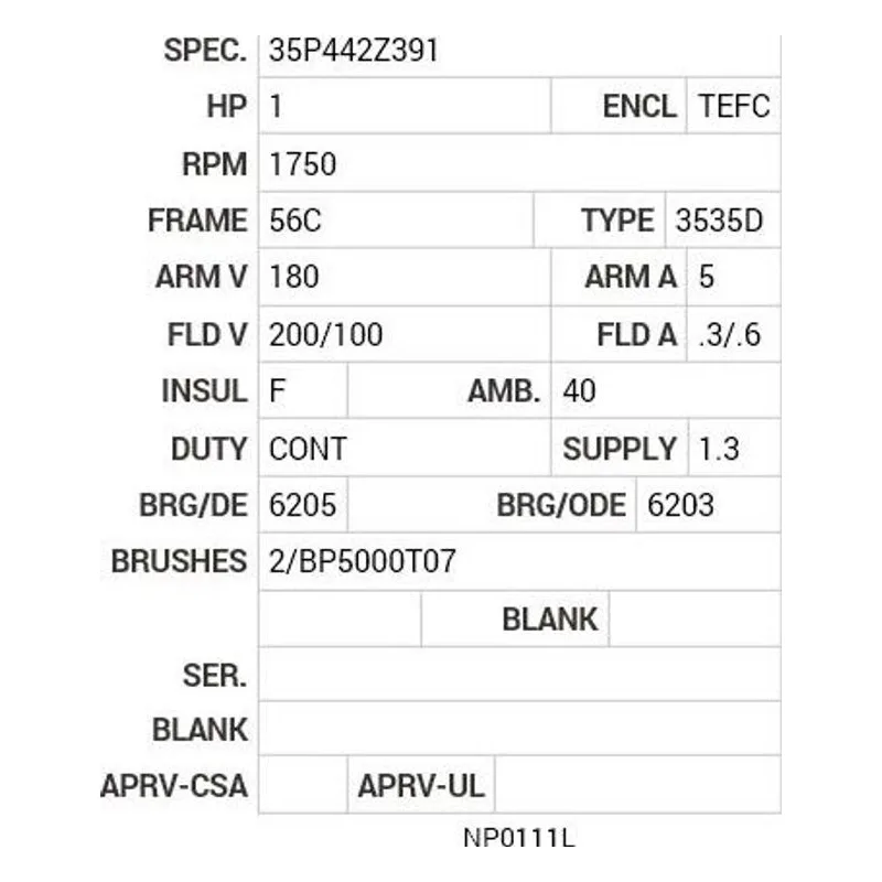CD5318 Baldor 1 HP, 1750 RPM, DC, 56C, 3535D, TEFC, F1 Motor Nameplate - view 2