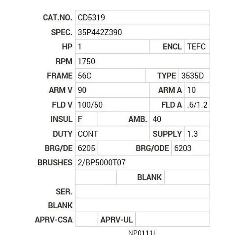 CD5319 Baldor 1 HP, 1750 RPM, DC, 56C, 3535D, TEFC, F1 Motor Nameplate - view 2