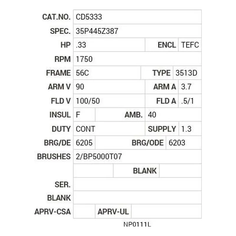 CD5333 Baldor .33 HP, 1750 RPM, DC, 56C, 3513D, TEFC, F1 Motor Nameplate - view 2