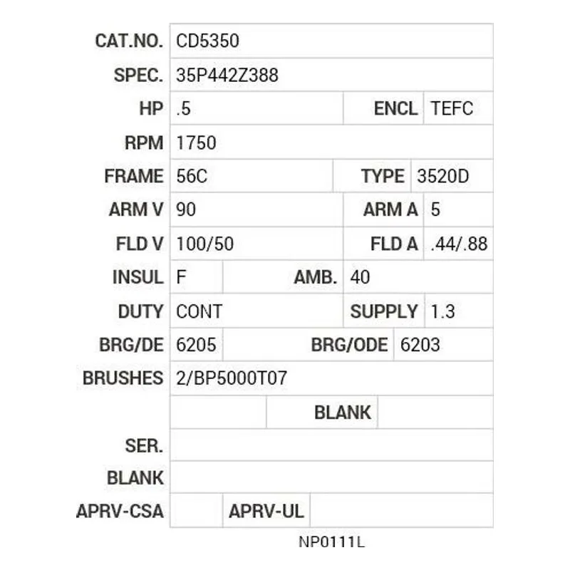 CD5350 Baldor .5 HP, 1750 RPM, DC, 56C, 3520D, TEFC, F1 Motor Nameplate - view 2