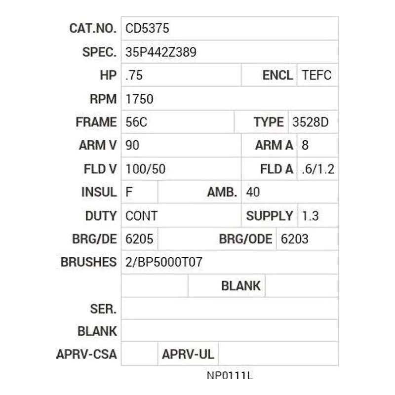 CD5375 Baldor .75 HP, 1750 RPM, DC, 56C, 3528D, TEFC, F1 Motor Nameplate - view 2