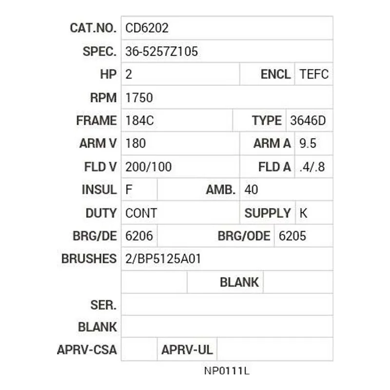CD6202 Baldor 2 HP, 1750 RPM, DC, 184C, 3646D, TEFC, F1 Motor Nameplate - view 2