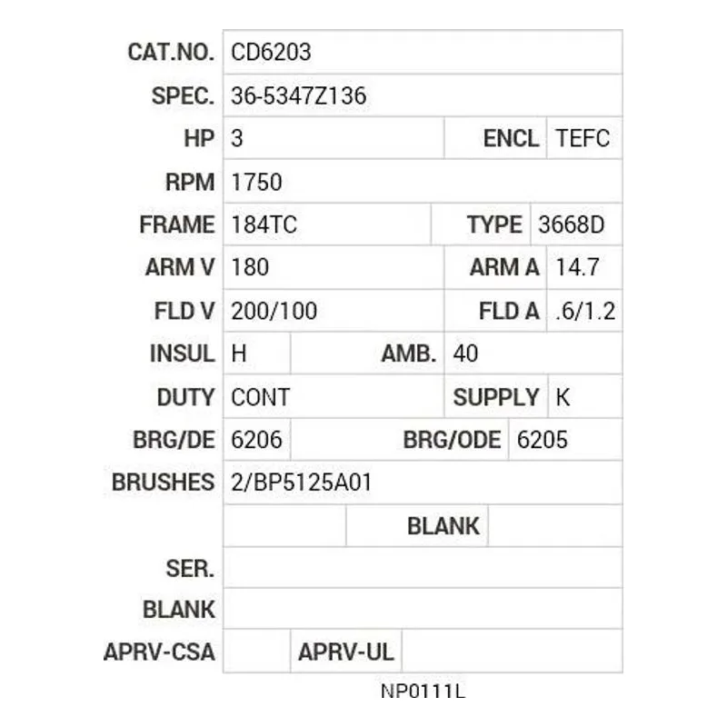 CD6203 Baldor 3 HP, 1750 RPM, DC, 184TC, 3668D, TEFC, F1, N Motor Nameplate - view 2