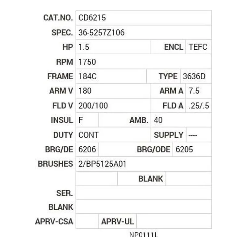 CD6215 Baldor 1.5 HP, 1750 RPM, DC, 184C, 3636D, TEFC, F1 Motor Nameplate - view 2
