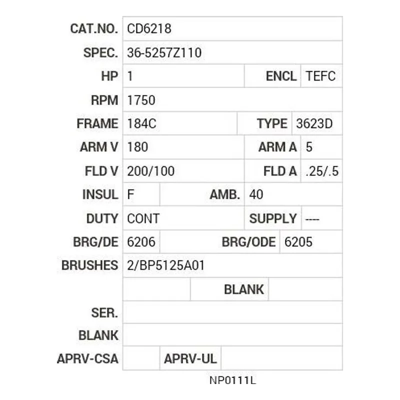 CD6218 Baldor 1 HP, 1750 RPM, DC, 184C, 3623D, TEFC, F1 Motor Nameplate - view 2