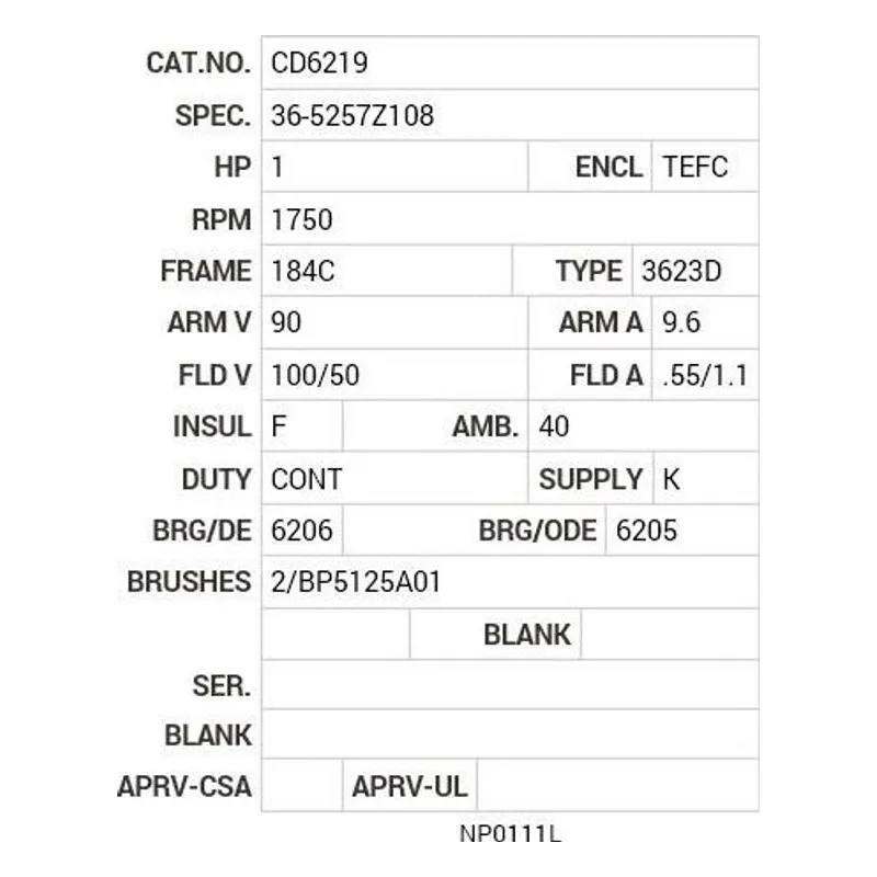 CD6219 Baldor 1 HP, 1750 RPM, DC, 184C, 3623D, TEFC, F1 Motor Nameplate - view 2