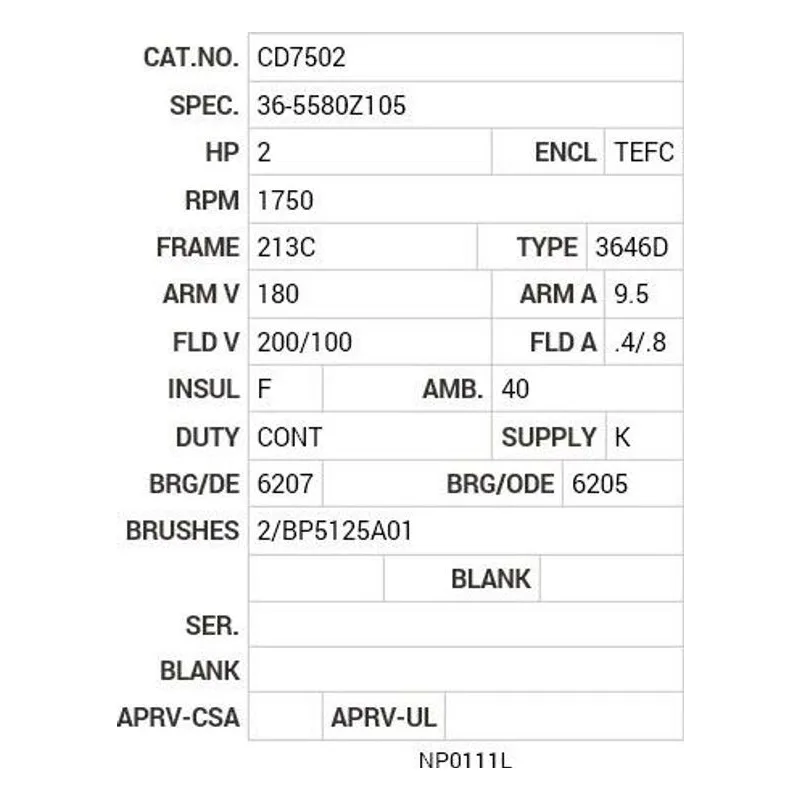 CD7502 Baldor 2 HP, 1750 RPM, DC, 213C, 3646D, TEFC, F1, N Motor Nameplate - view 2