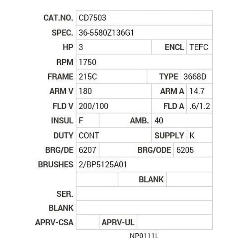 CD7503 Baldor 3 HP, 1750 RPM, DC, 215C, 3668D, TEFC, F1, N Motor Nameplate - view 2