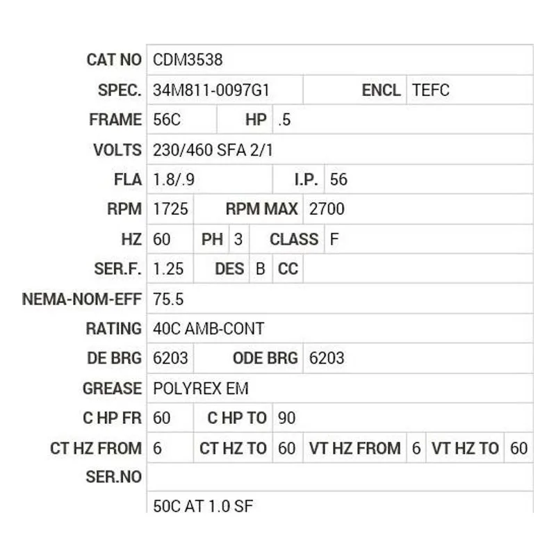 CDM3538 Baldor .5 HP, 1725 RPM, 3 PH, 60 HZ, 56C, 3420M, TEFC, F1 Motor Nameplate - view 2