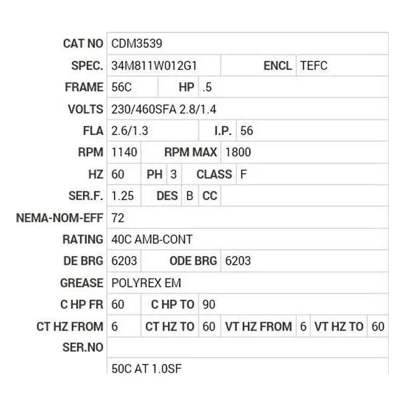 CDM3539 Baldor .5 HP, 1140 RPM, 3 PH, 60 HZ, 56C, 3428M, TEFC, F1 Motor Nameplate - view 2
