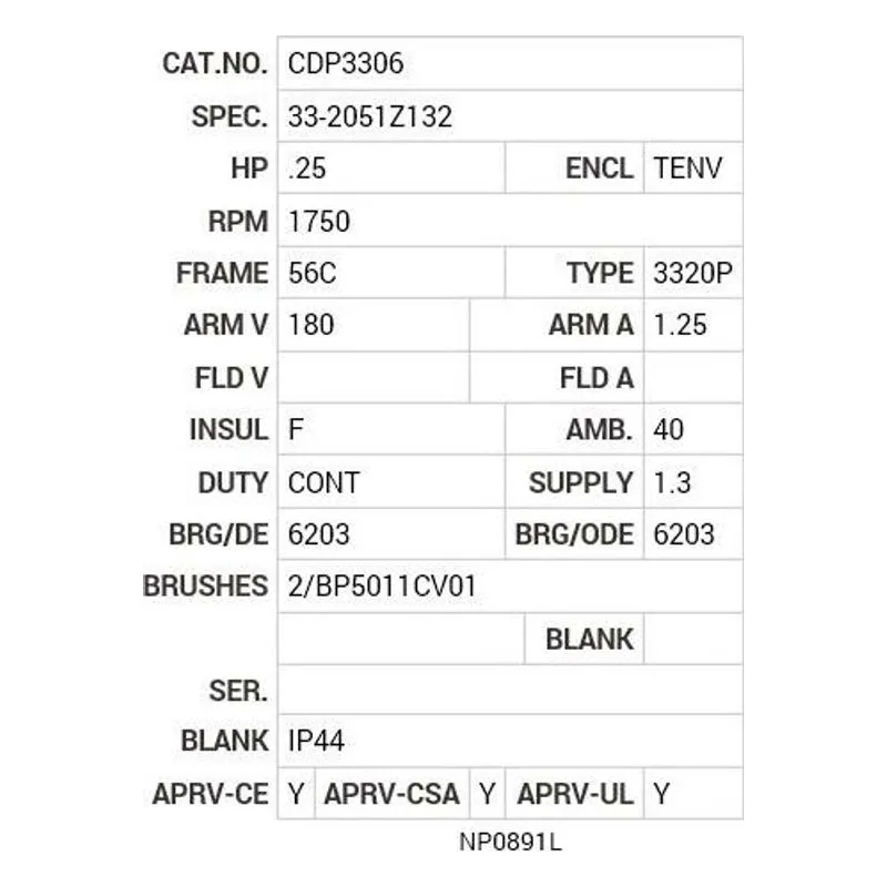 CDP3306 Baldor .25 HP, 1750 RPM, DC, 56C, 3320P, TENV, F1 Motor Nameplate - view 2