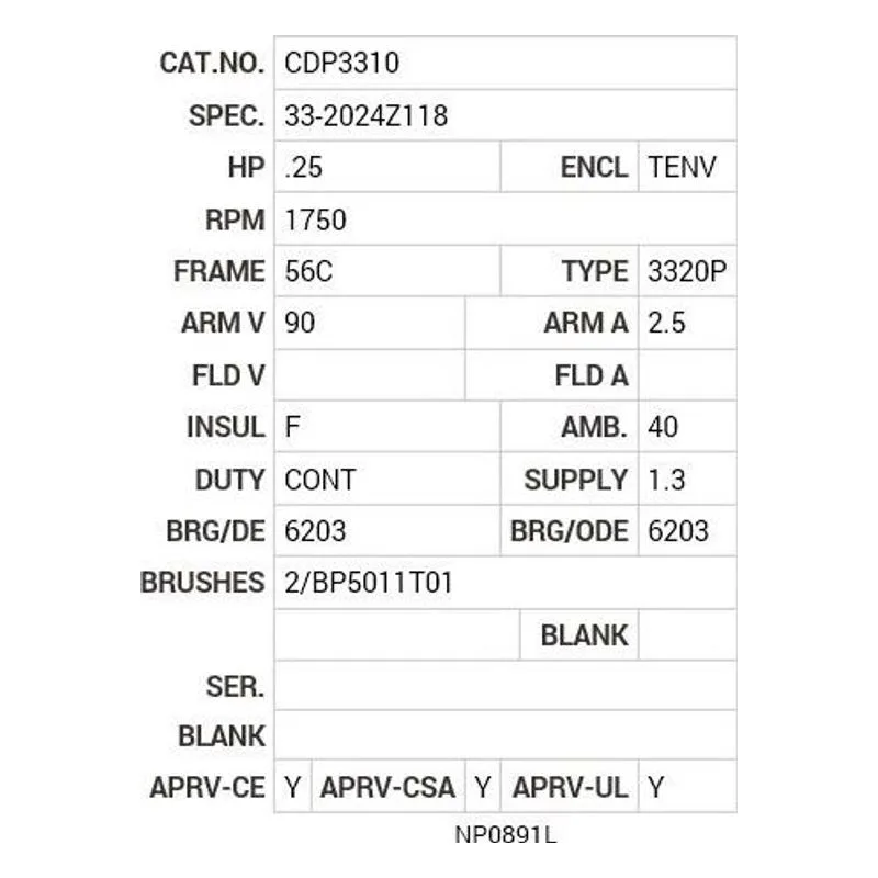 CDP3310 Baldor .25 HP, 1750 RPM, DC, 56C, 3320P, TENV, F1 Motor Nameplate - view 2