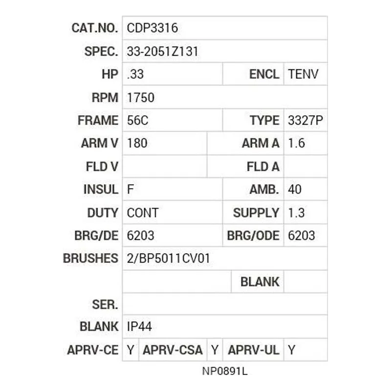CDP3316 Baldor .33 HP, 1750 RPM, DC, 56C, 3327P, TENV, F1 Motor Nameplate - view 2