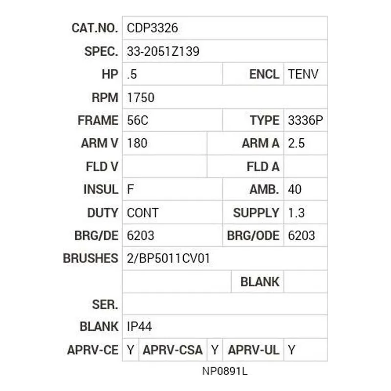 CDP3326 Baldor .5 HP, 1750 RPM, DC, 56C, 3336P, TENV, F1 Motor Nameplate - view 2