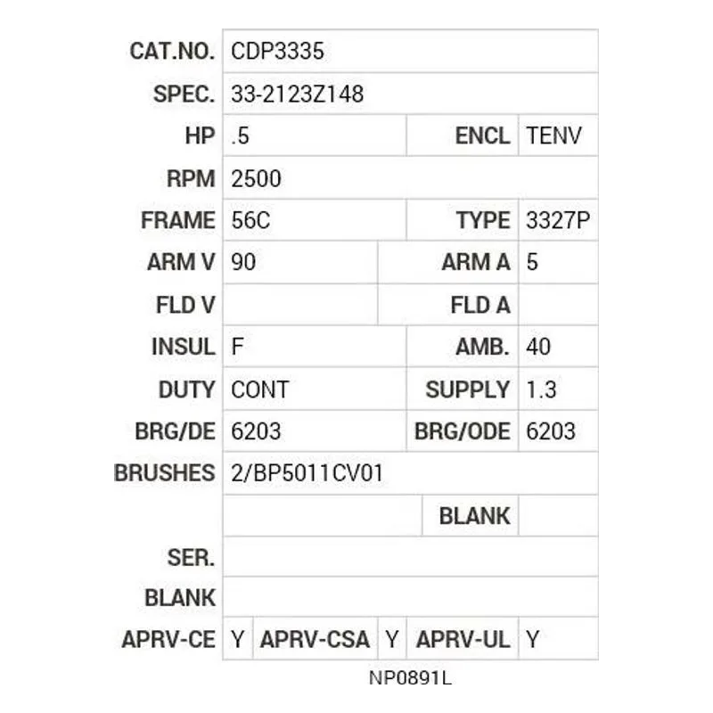 CDP3335 Baldor .5 HP, 2500 RPM, DC, 56C, 3327P, TENV, F1 Motor Nameplate - view 2