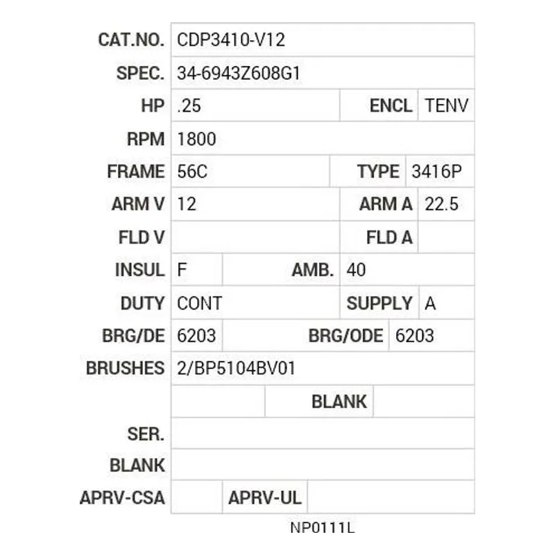 CDP3410-V12 Baldor .25 HP, 1800 RPM, DC, 56C, 3416P, TENV, F1 Motor Nameplate - view 2