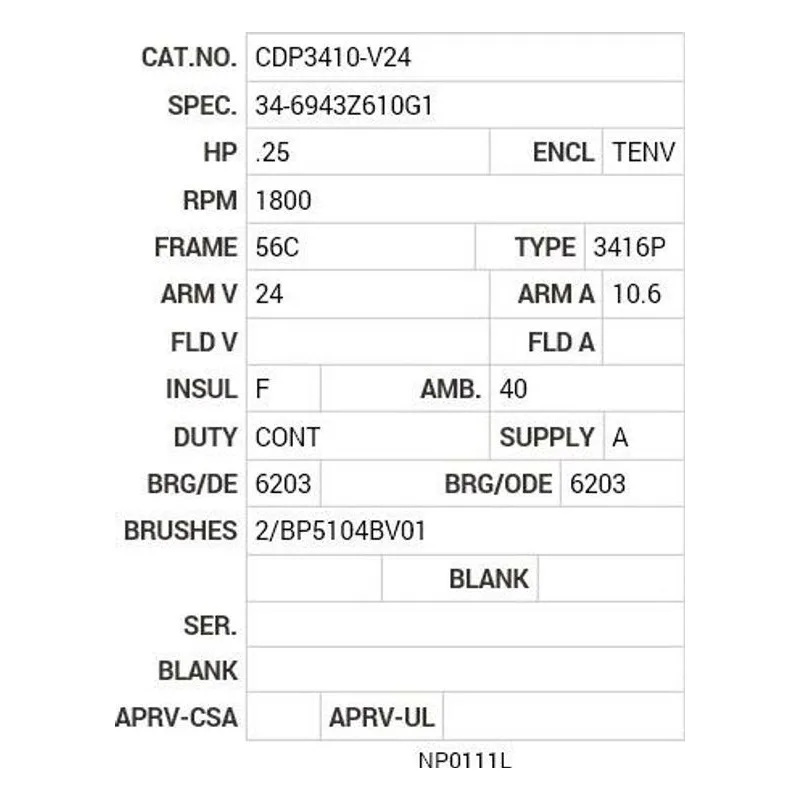 CDP3410-V24 Baldor .25 HP, 1800 RPM, DC, 56C, 3416P, TENV, F1 Motor Nameplate - view 2