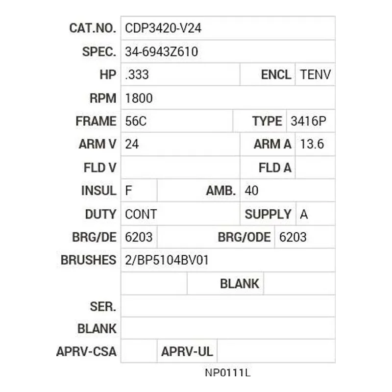 CDP3420-V24 Baldor .33 HP, 1800 RPM, DC, 56C, 3416P, TENV, F1 Motor Nameplate - view 2