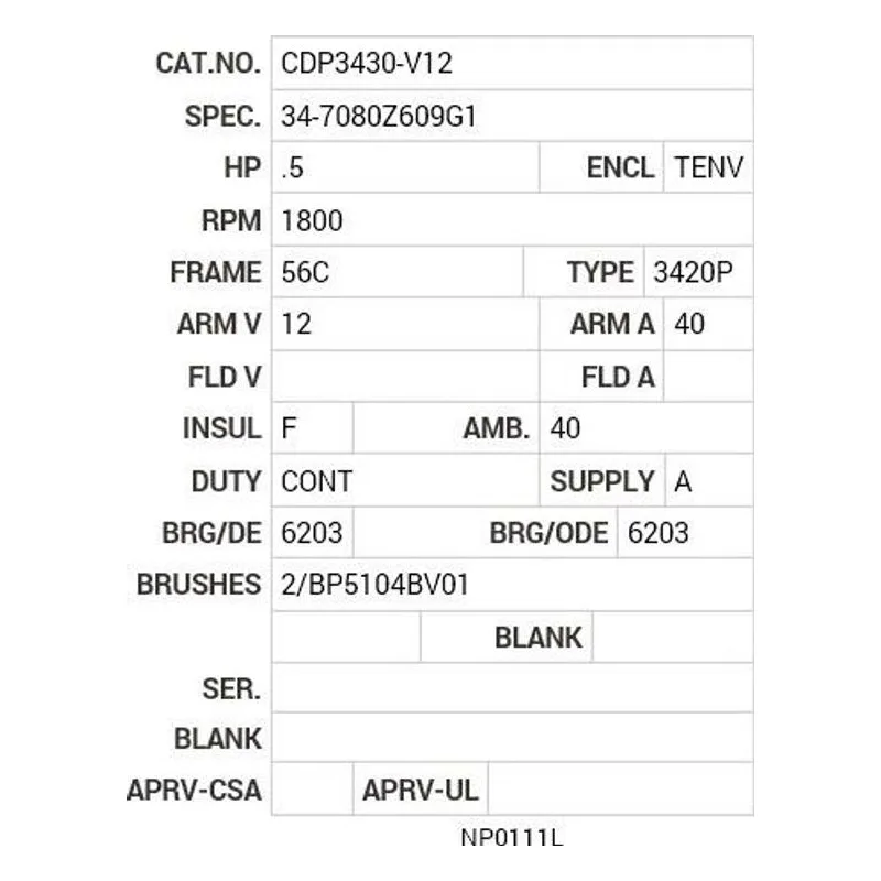 CDP3430-V12 Baldor .5 HP, 1800 RPM, DC, 56C, 3420P, TENV, 12V Motor Nameplate - view 2
