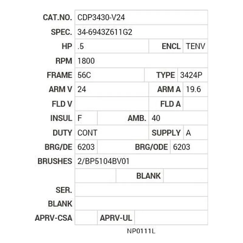 CDP3430-V24 Baldor .5 HP, 1800 RPM, DC, 56C, 3424P, TENV, F1 Motor Nameplate - view 2