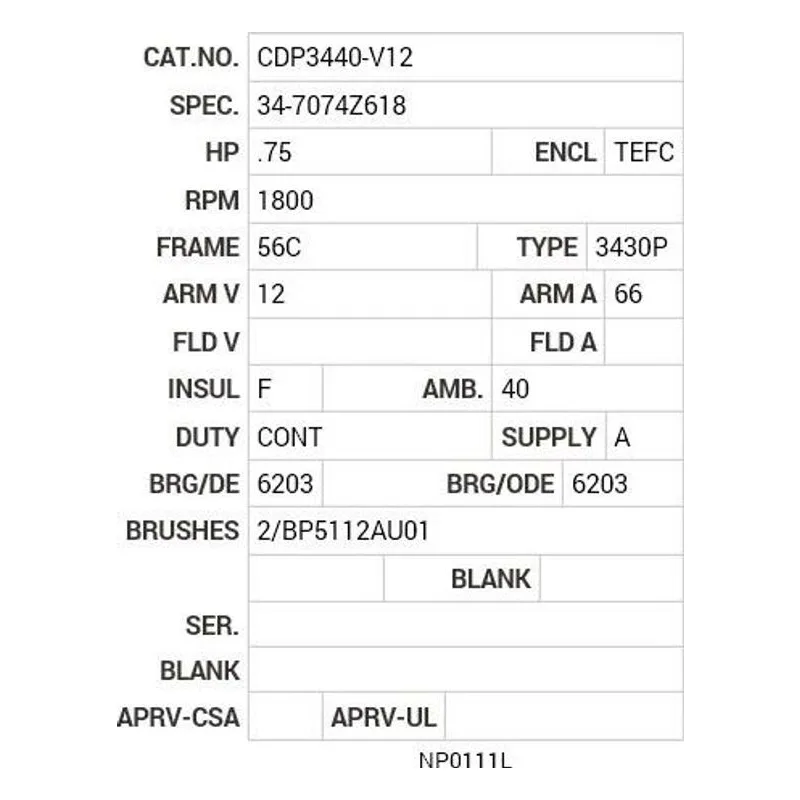 CDP3440-V12 Baldor .75 HP, 1800 RPM, DC, 56C, 3430P, TEFC, F1 Motor Nameplate - view 2