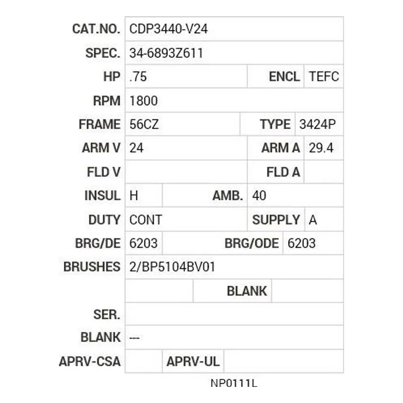 CDP3440-V24 Baldor .75 HP, 1800 RPM, DC, 56C, 3424P, TEFC, F1 Motor Nameplate - view 2
