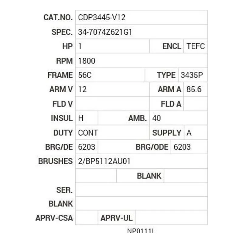 CDP3445-V12 Baldor 1 HP, 1800 RPM, DC, 56C, 3435P, TEFC, 12v Motor Nameplate - view 2