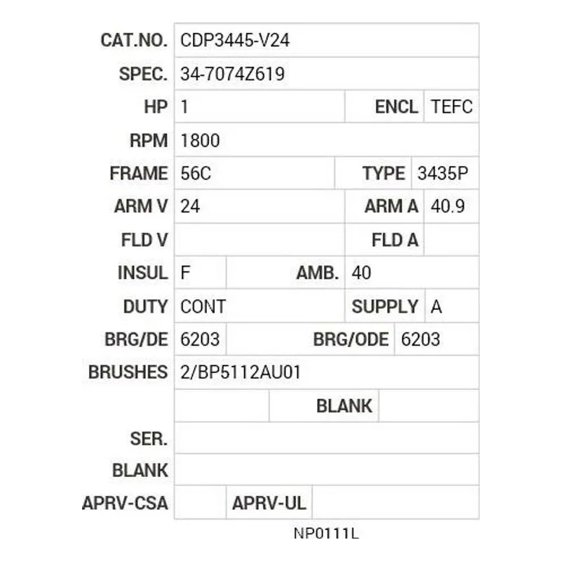 CDP3445-V24 Baldor 1 HP, 1800 RPM, DC, 56C, 3435P, TEFC, F3, N Motor Nameplate - view 2