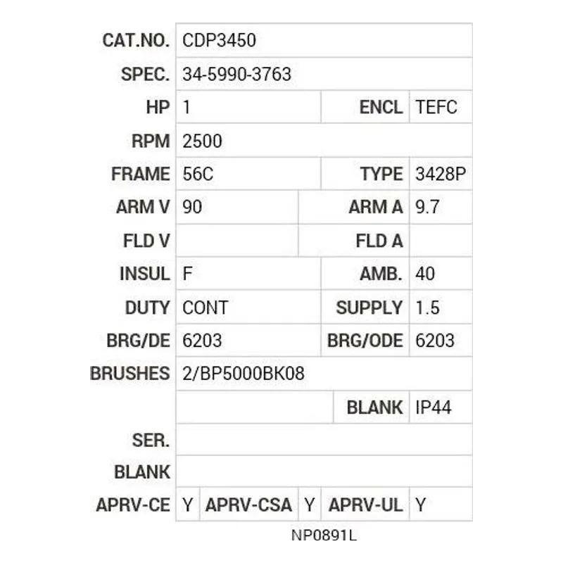 CDP3450 Baldor 1 HP, 2500 RPM, DC, 56C, 3428P, TEFC, F1 Motor Nameplate - view 2