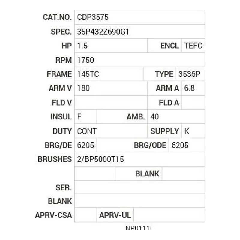 CDP3575 Baldor 1.5 HP, 1750 RPM, DC, 145TC, 3536P, TEFC, F1, N Motor Nameplate - view 2
