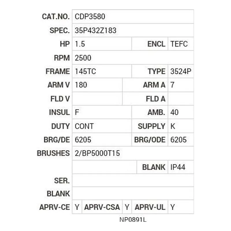 CDP3580 Baldor 1.5 HP, 2500 RPM, DC, 145TC, 3524P, TEFC, F1 Motor Nameplate - view 2
