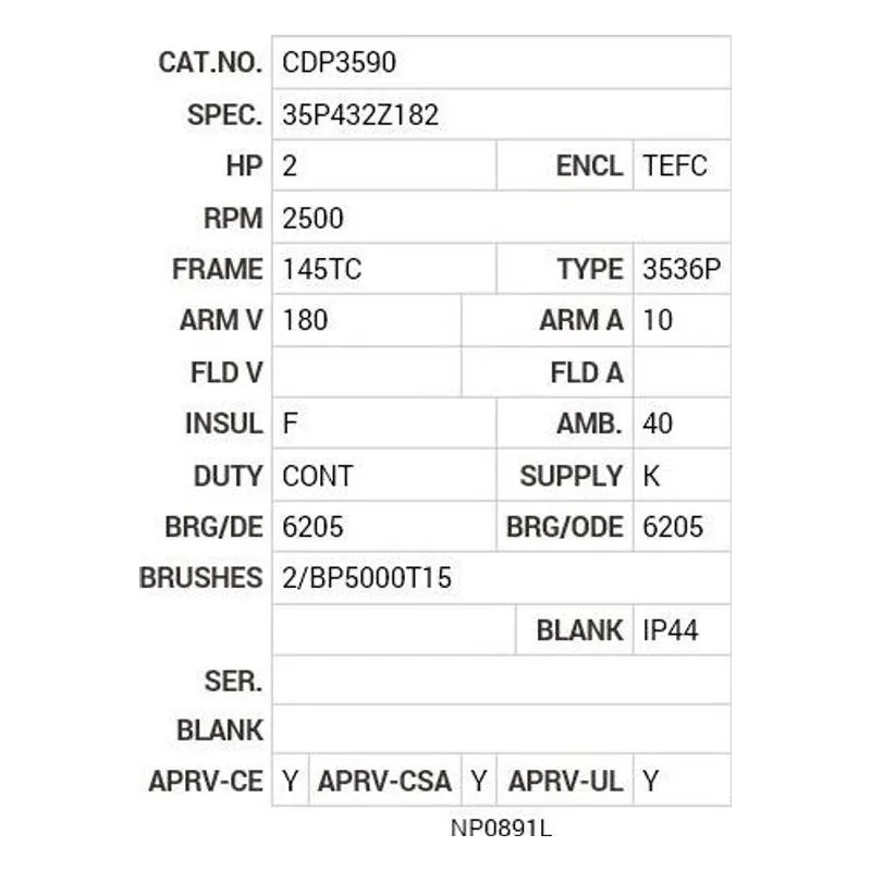 CDP3590 Baldor 2 HP, 2500 RPM, DC, 145TC, 3536P, TEFC, F1 Motor Nameplate - view 2