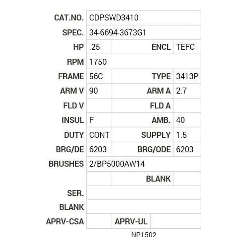 CDPSWD3410 Baldor .25 HP, 1750 RPM, DC, 56C, 3413P, TEFC, F1 Motor Nameplate - view 2