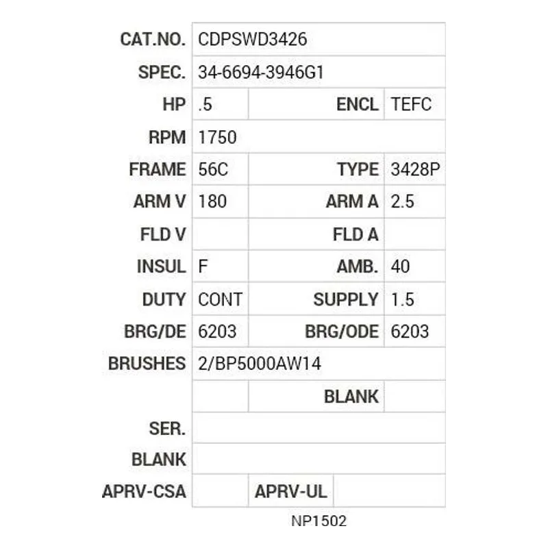 CDPSWD3426 Baldor .5 HP, 1750 RPM, DC, 56C, 3428P, TEFC, F1 Motor Nameplate - view 2