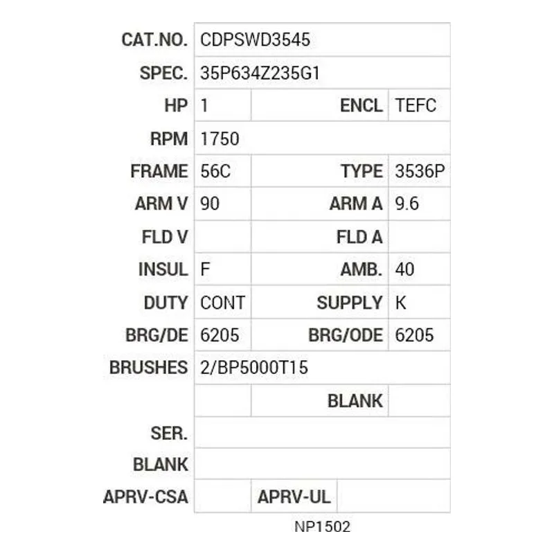 CDPSWD3545 Baldor 1 HP, 1750 RPM, DC, 56C, 3536P, TEFC, F1 Motor Nameplate - view 2