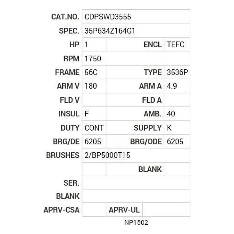 CDPSWD3555 Baldor 1 HP, 1750 RPM, DC, 56C, 3536P, TEFC, F1 Motor Nameplate - view 2