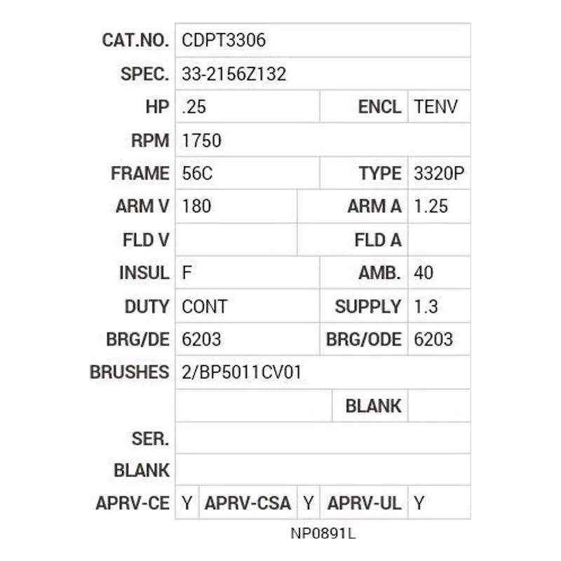 CDPT3306 Baldor .25 HP, 1750 RPM, DC, 56C, 3320P, TENV, F1 Motor Nameplate - view 2