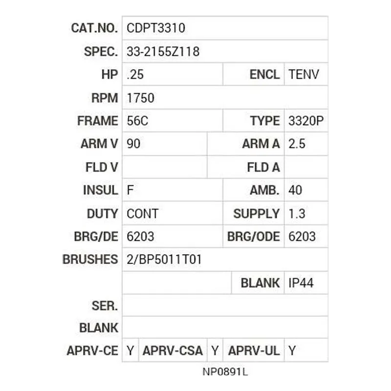 CDPT3310 Baldor .25 HP, 1750 RPM, DC, 56C, 3320P, TENV, F1 Motor Nameplate - view 2