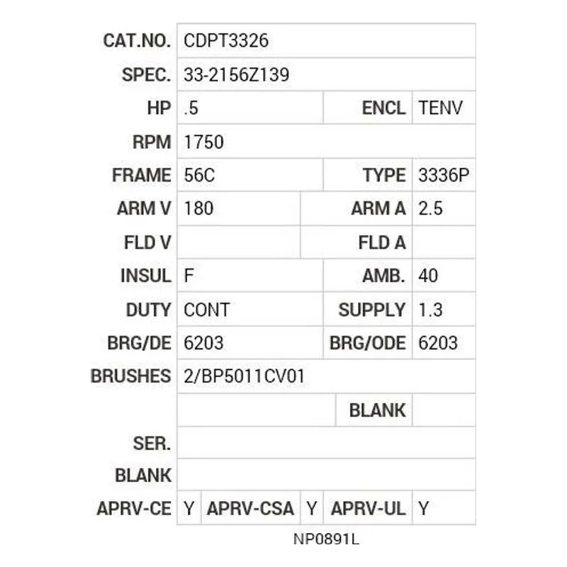 CDPT3326 Baldor .5 HP, 1750 RPM, DC, 56C, 3336P, TENV, F1 Motor Nameplate - view 2